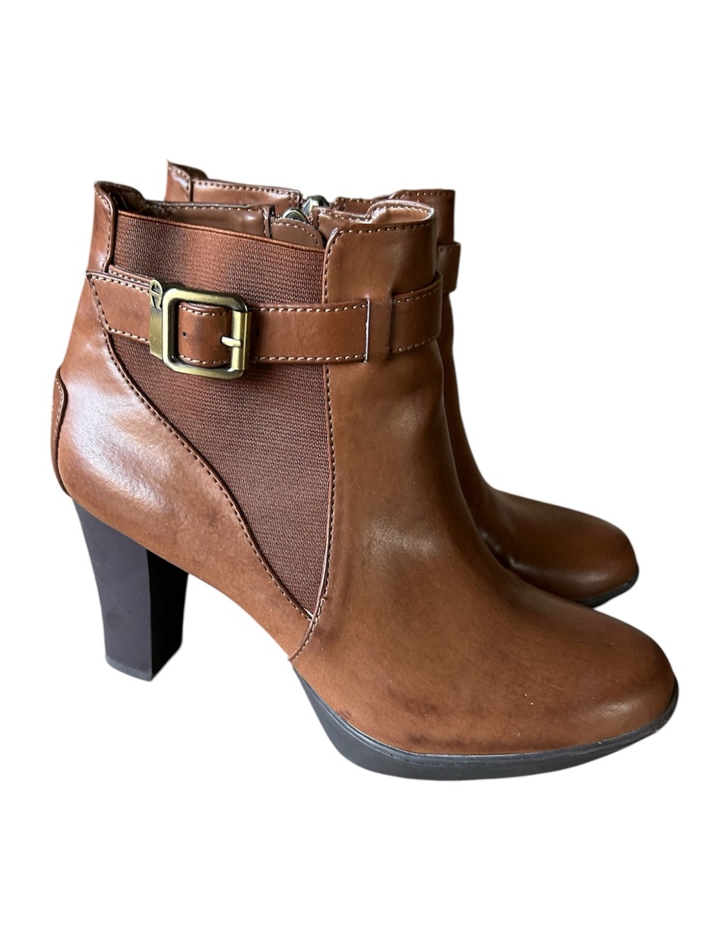 ▶️ Etienne Aigner Brown Ankle Booties Womens 7 Block Heel Buckle Zip Career